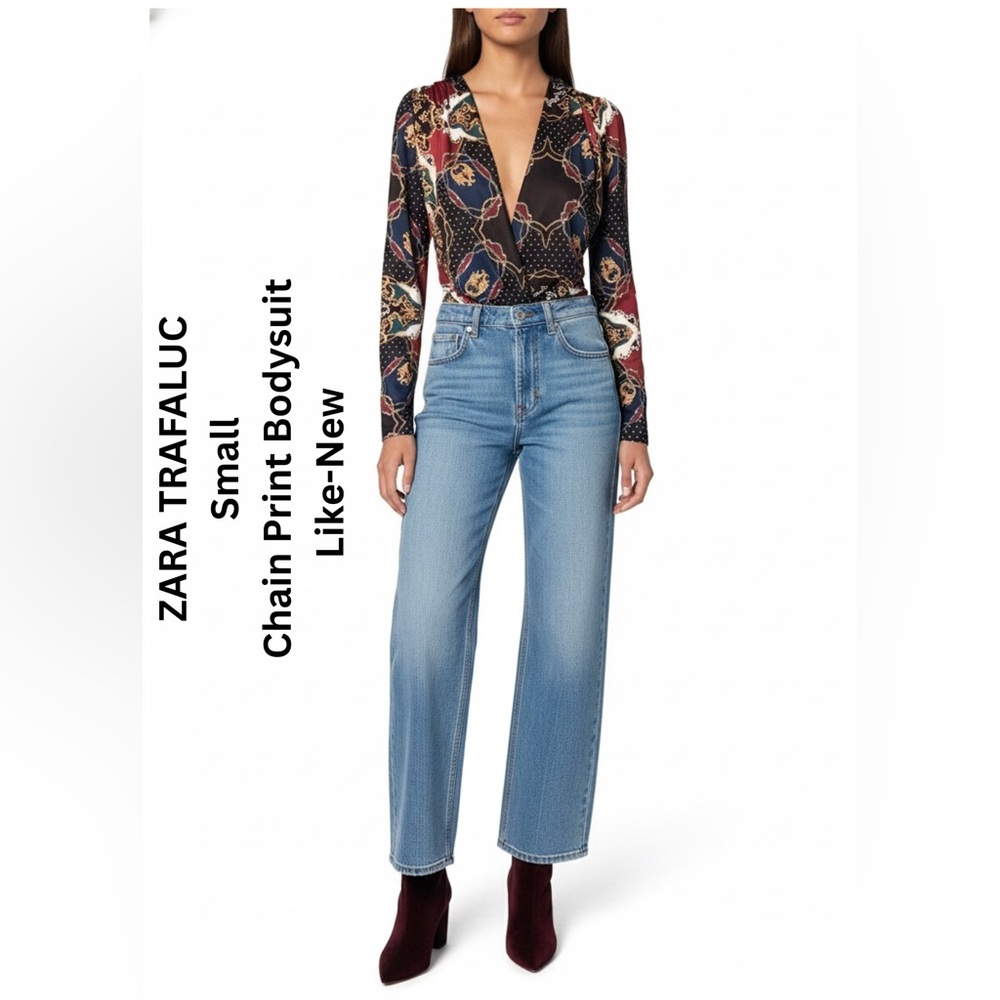 ZARA TRAFALUC Chain Print Surplice Long Sleeve Bodysuit | Size Small